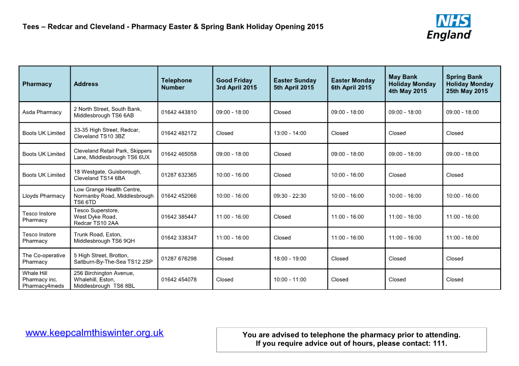 Tees Redcar and Cleveland - Pharmacy Easter & Spring Bank Holiday Opening 2015