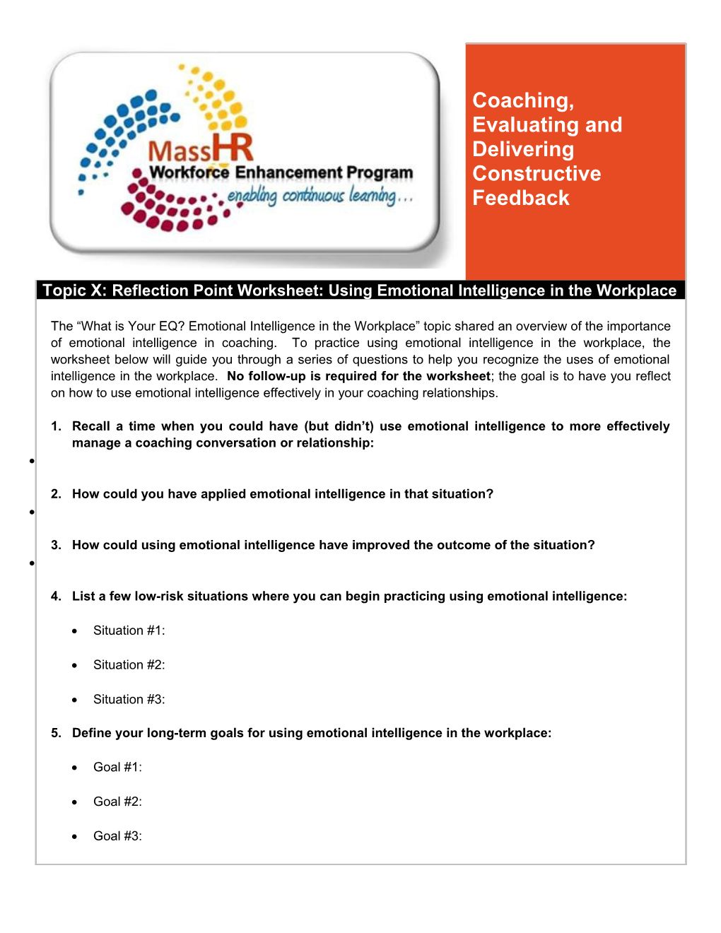 Topic X: Reflection Point Worksheet: Using Emotional Intelligence In The Workplace