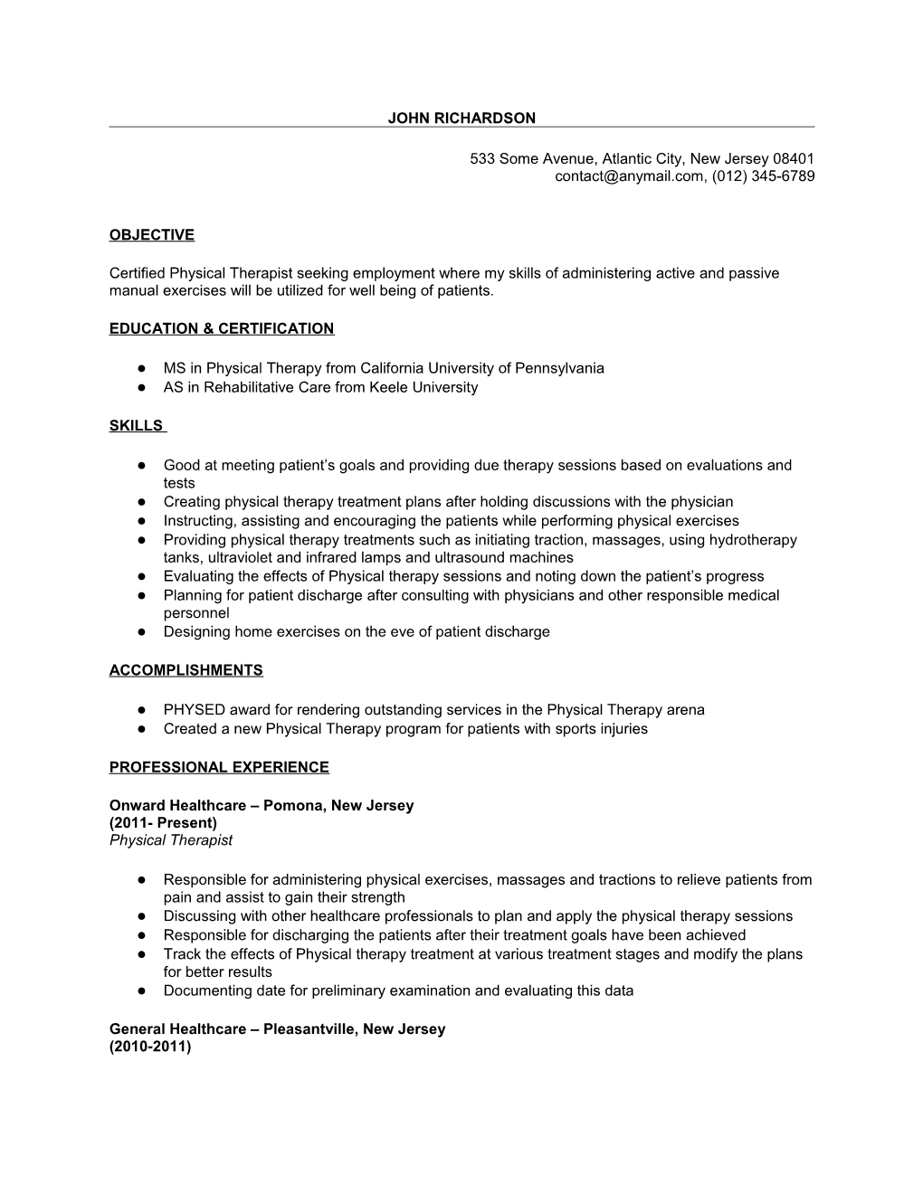 Sample Physical Therapist Resume