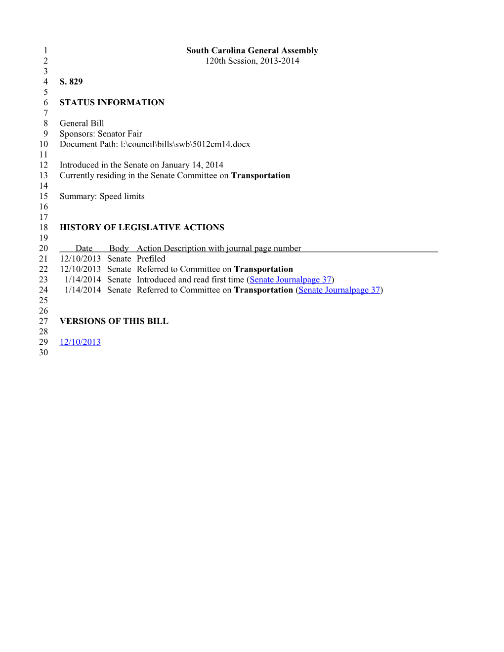 2013-2014 Bill 829: Speed Limits - South Carolina Legislature Online