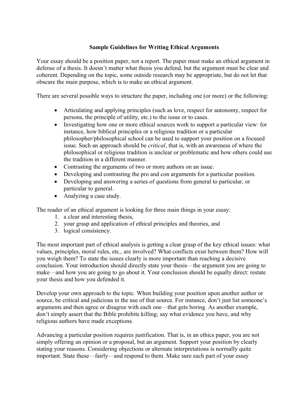 Sample Guidelines for Writing Ethical Arguments