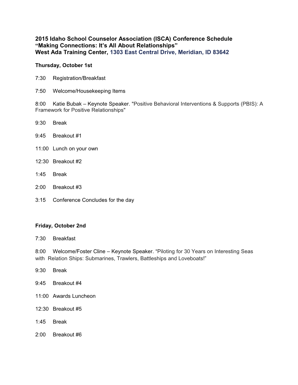 2015 Idaho School Counselor Association (ISCA) Conference Schedule