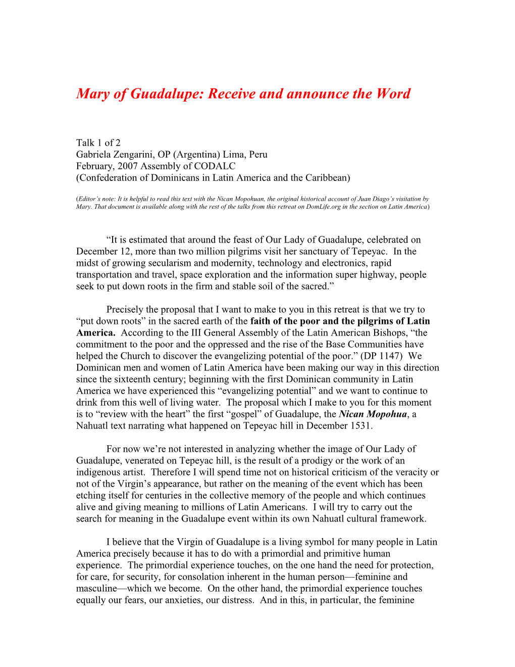 Mary of Guadalupe: Receive and Announce the Word