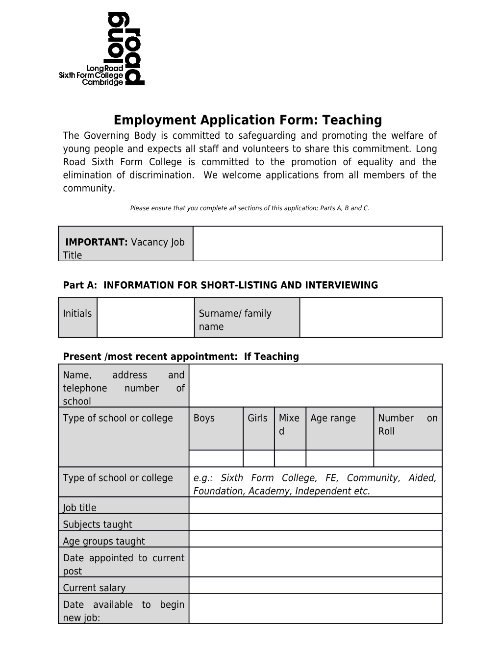 Employment Application Form: Teaching s1