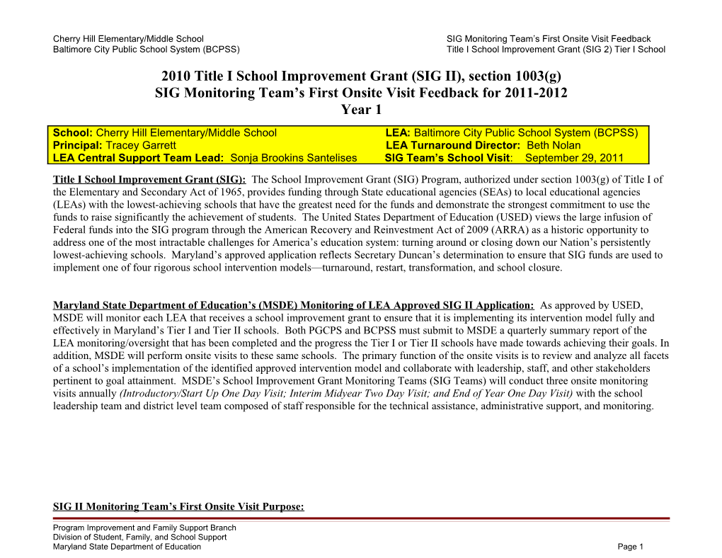 2010 Title I School Improvement Grant (SIG II), Section 1003(G)
