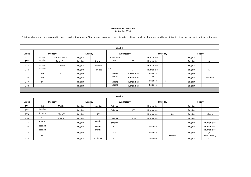 This Timetable Shows the Days on Which Subjects Will Set Homework. Students Are Encouraged