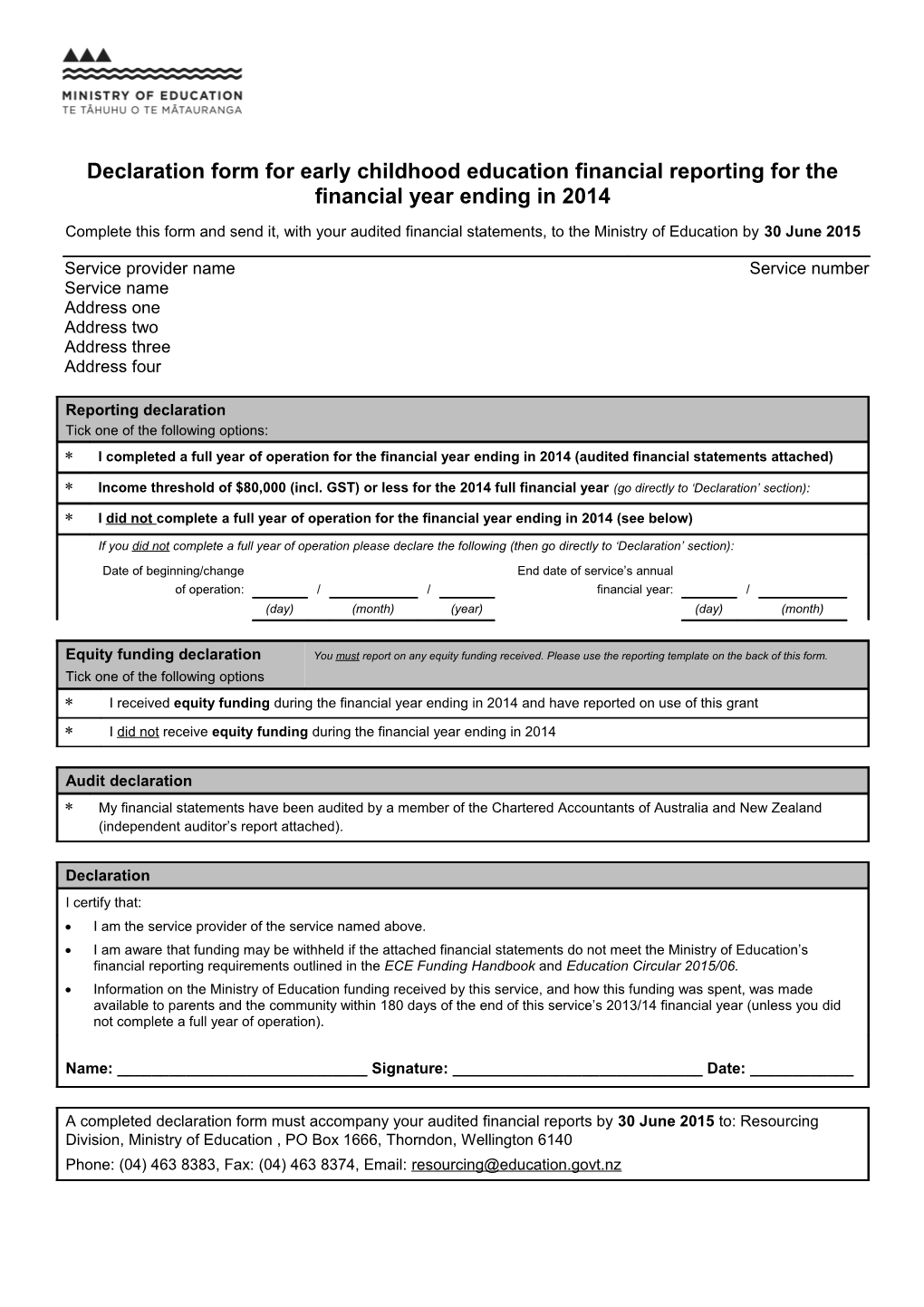 Declaration Form for Early Childhood Education Financial Reporting for the Financial Year
