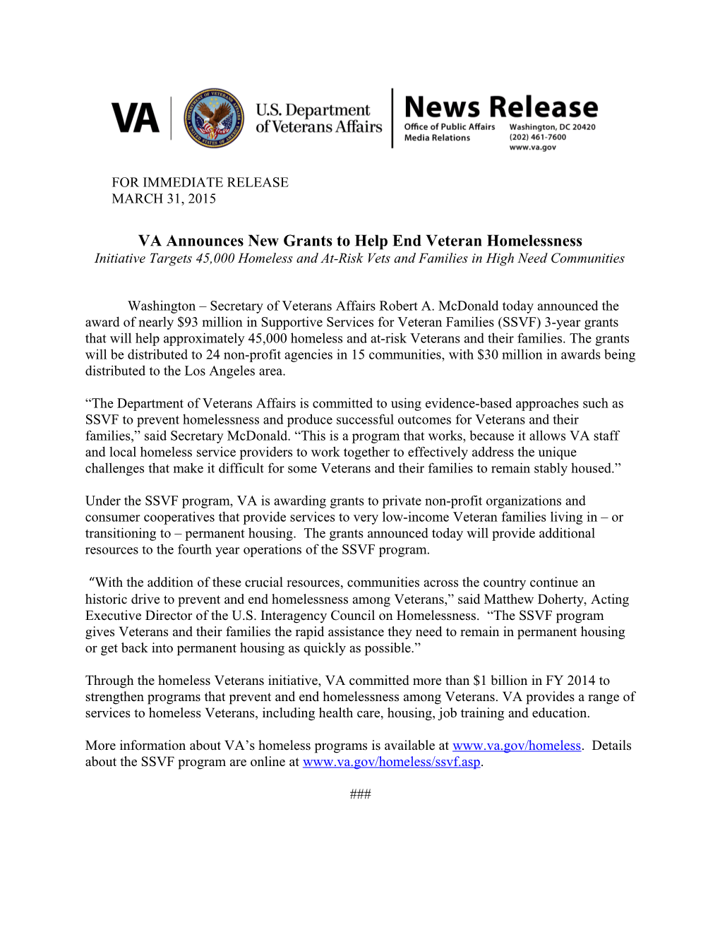 VA Announces New Grants to Help End Veteran Homelessness