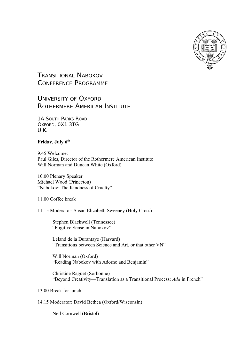 Transitional Nabokov Conference Programme