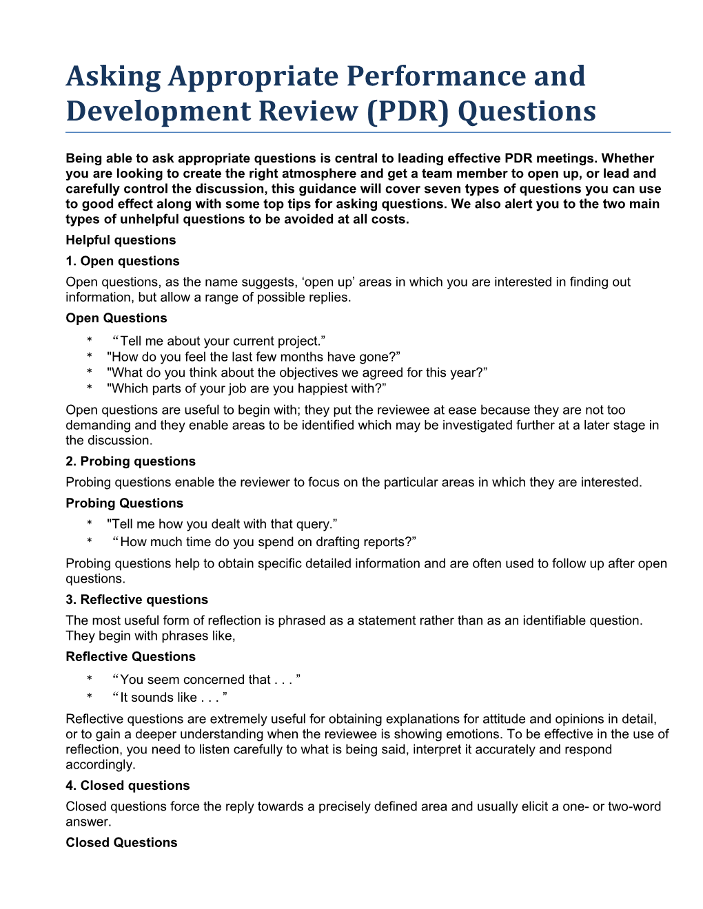 Asking Appropriate Performance and Development Review (PDR) Questions