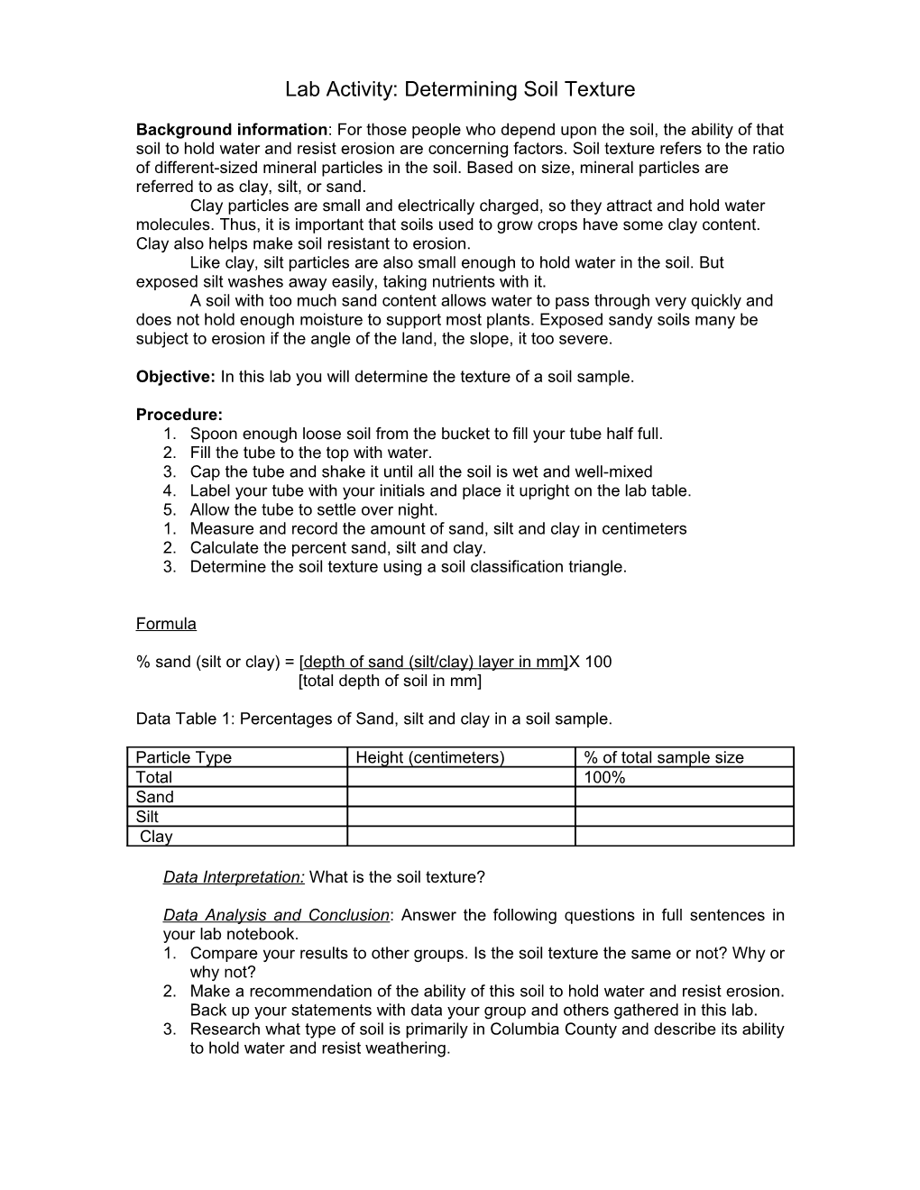 Lab Activity: Determining Soil Texture