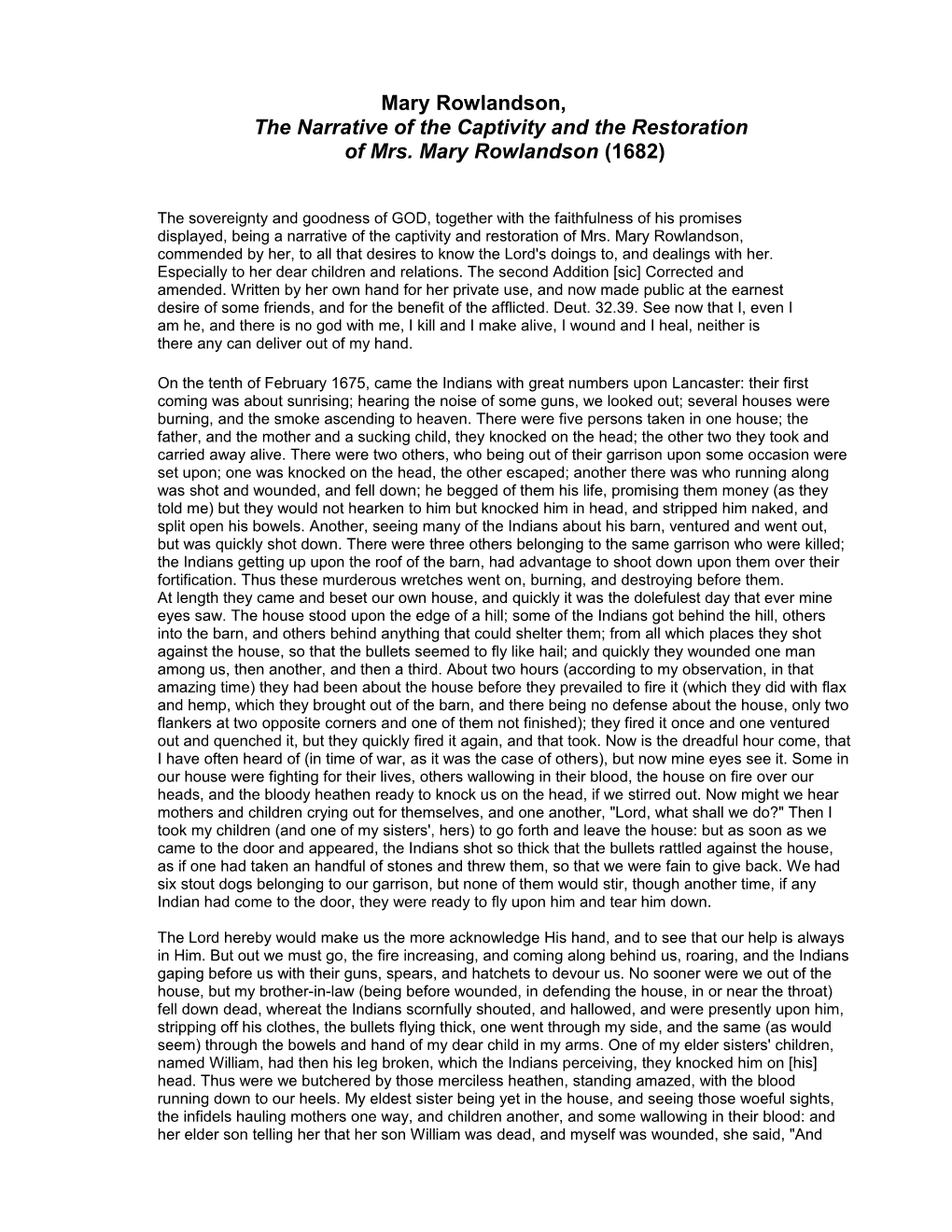 Mary Rowlandson, the Narrative of the Captivity and the Restoration of Mrs. Mary Rowlandson s2