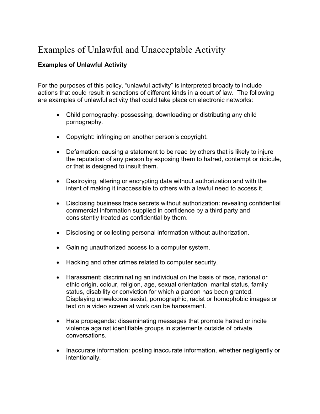 Examples Of Unlawful And Unacceptable Activity