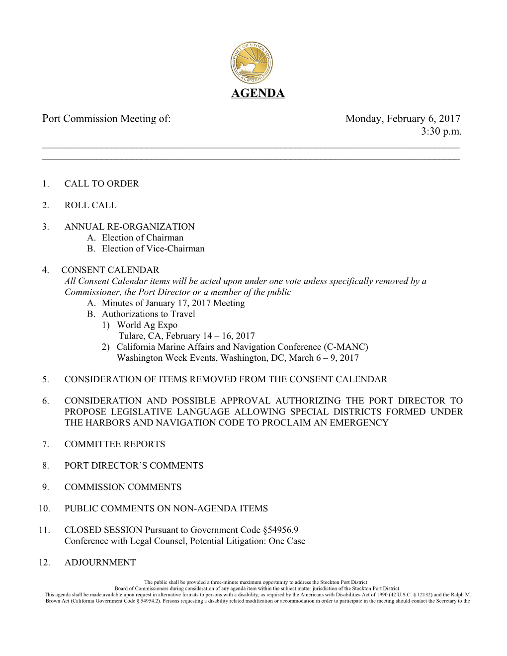 Port Commission Meeting Of: Monday, February 6, 2017
