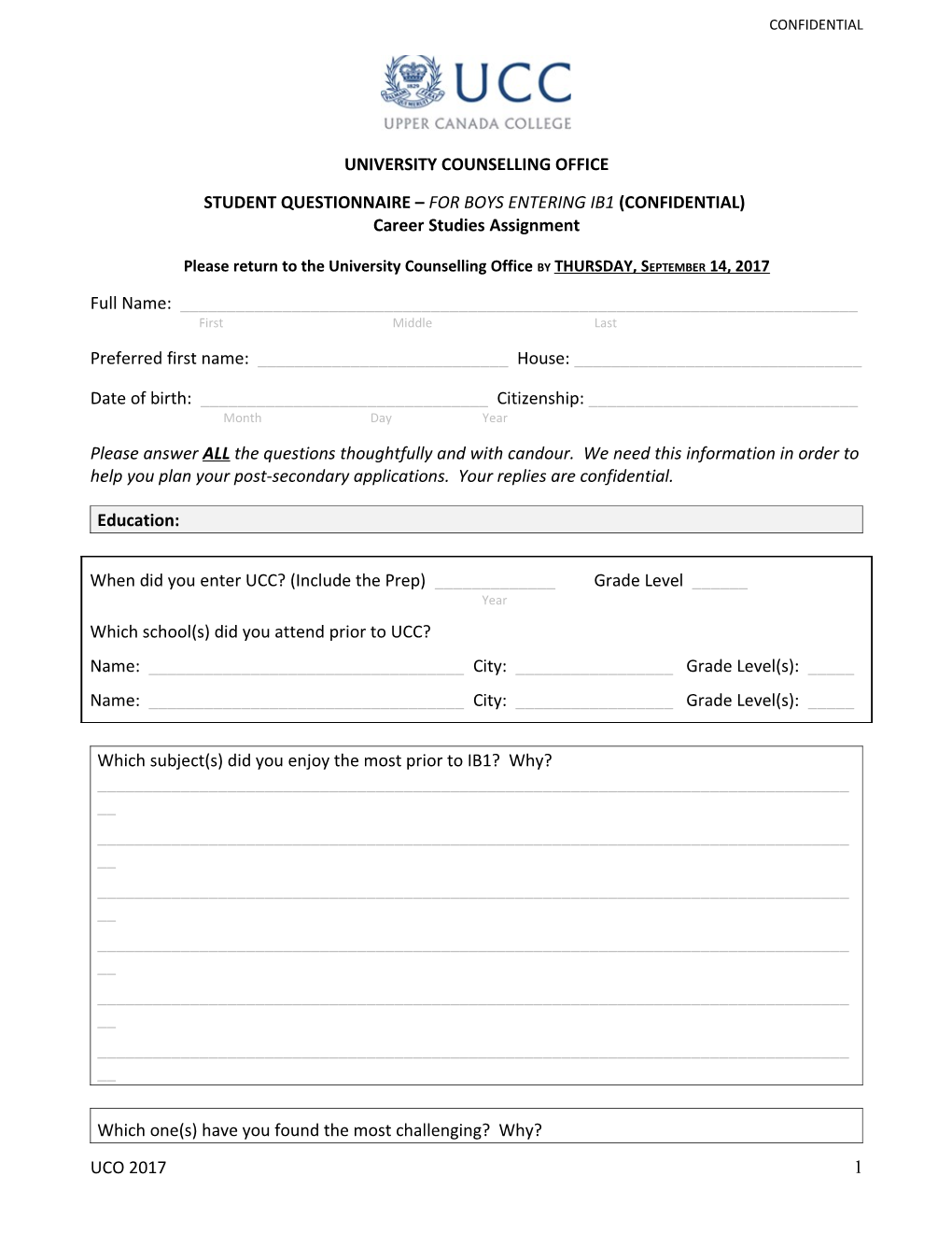 Student Questionnaire for Boys Entering Ib1 (Confidential)