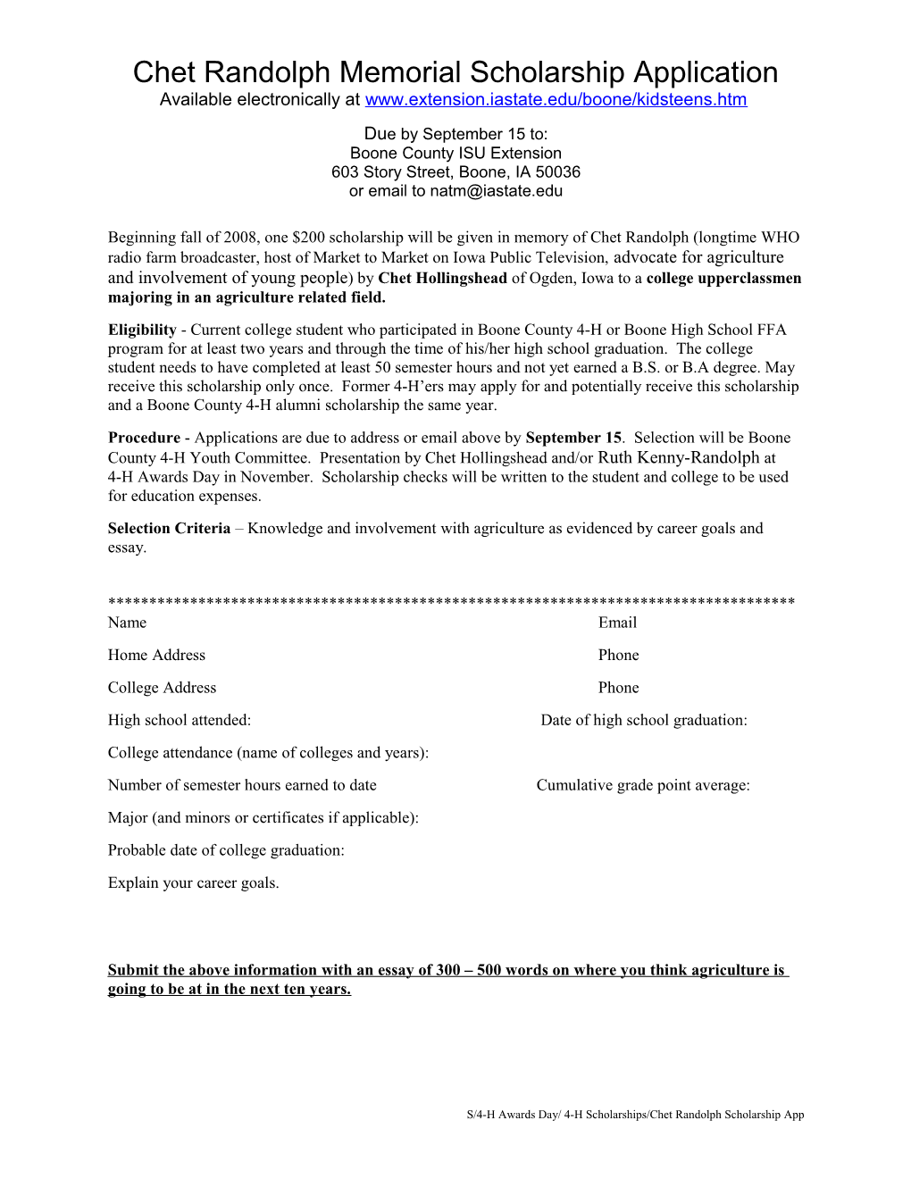 Chet Randolph Memorial Scholarship Application