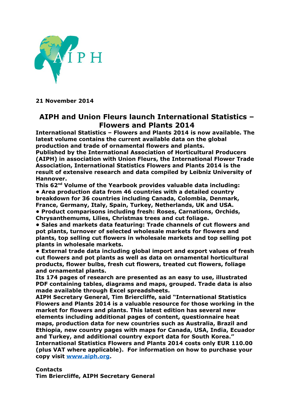 AIPH and Union Fleurs Launch International Statistics Flowers and Plants 2014