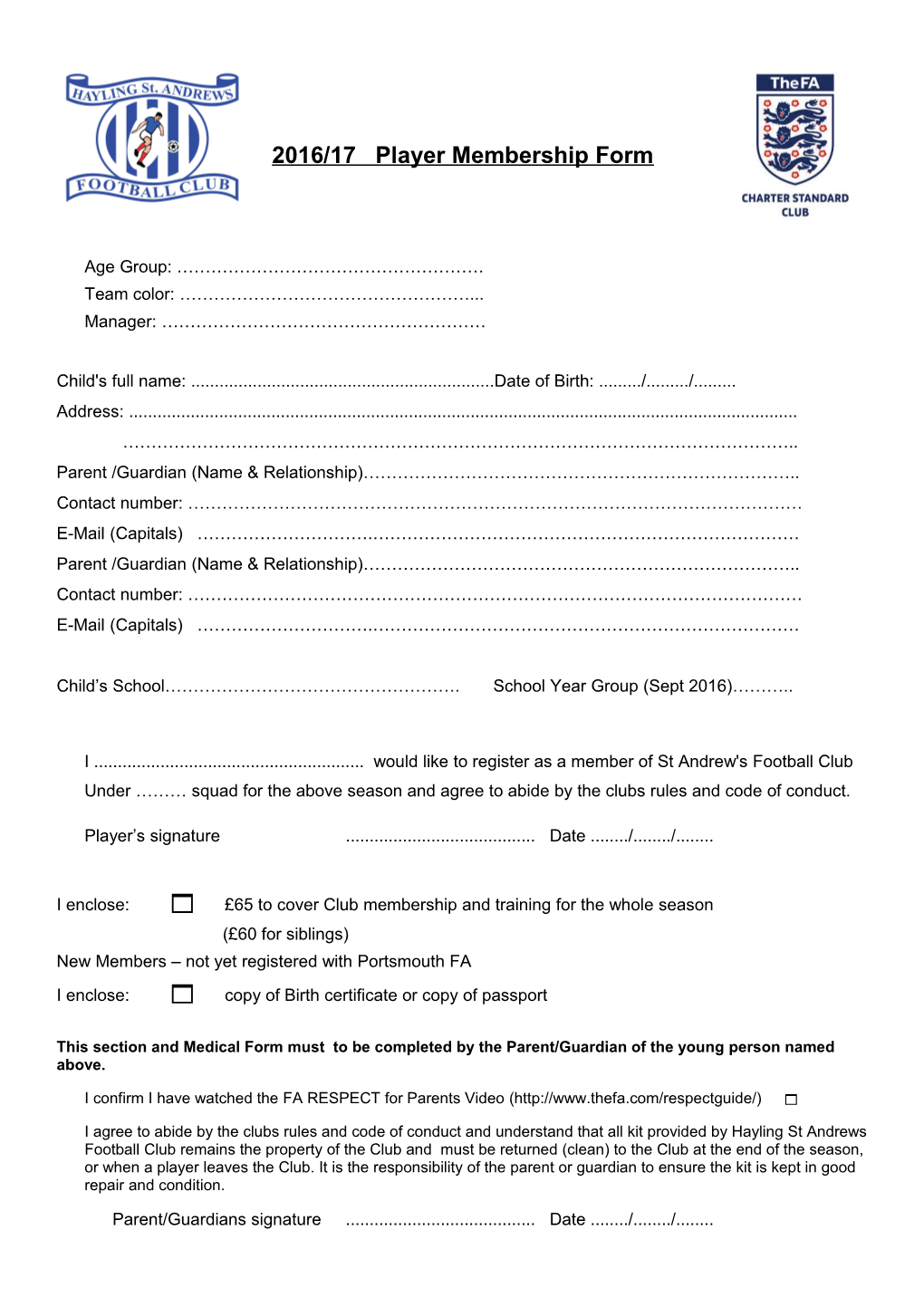 2016/17 Player Membership Form