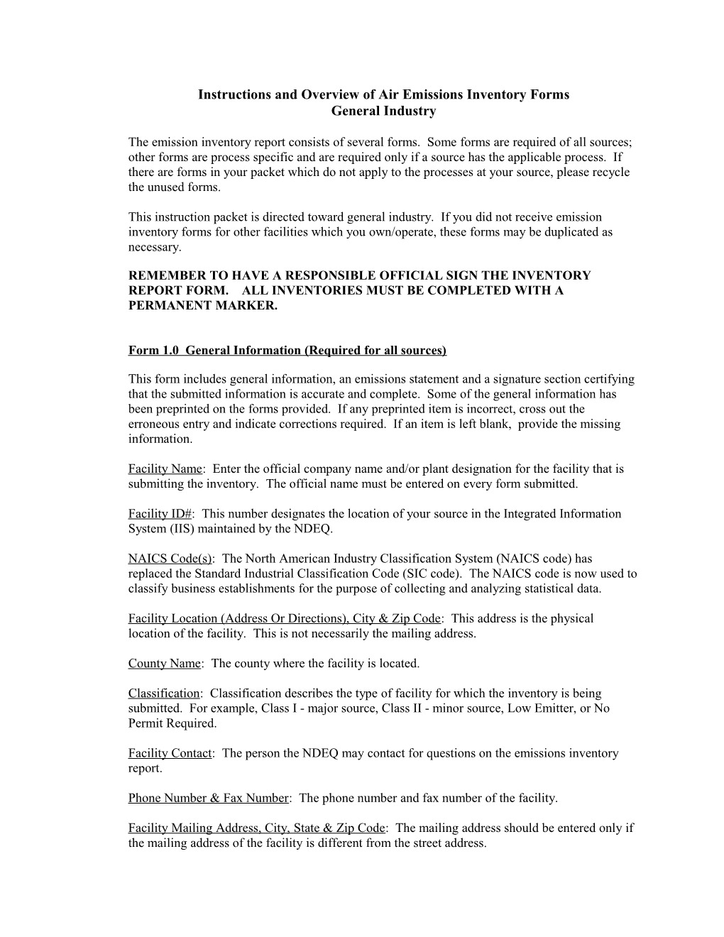 Instructions and Overview of Air Emissions Inventory Forms