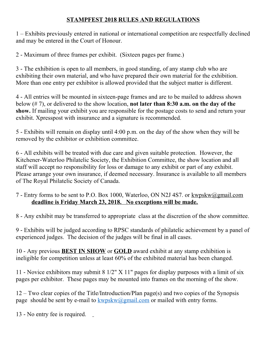 Stampfest 2018 Rules and Regulations