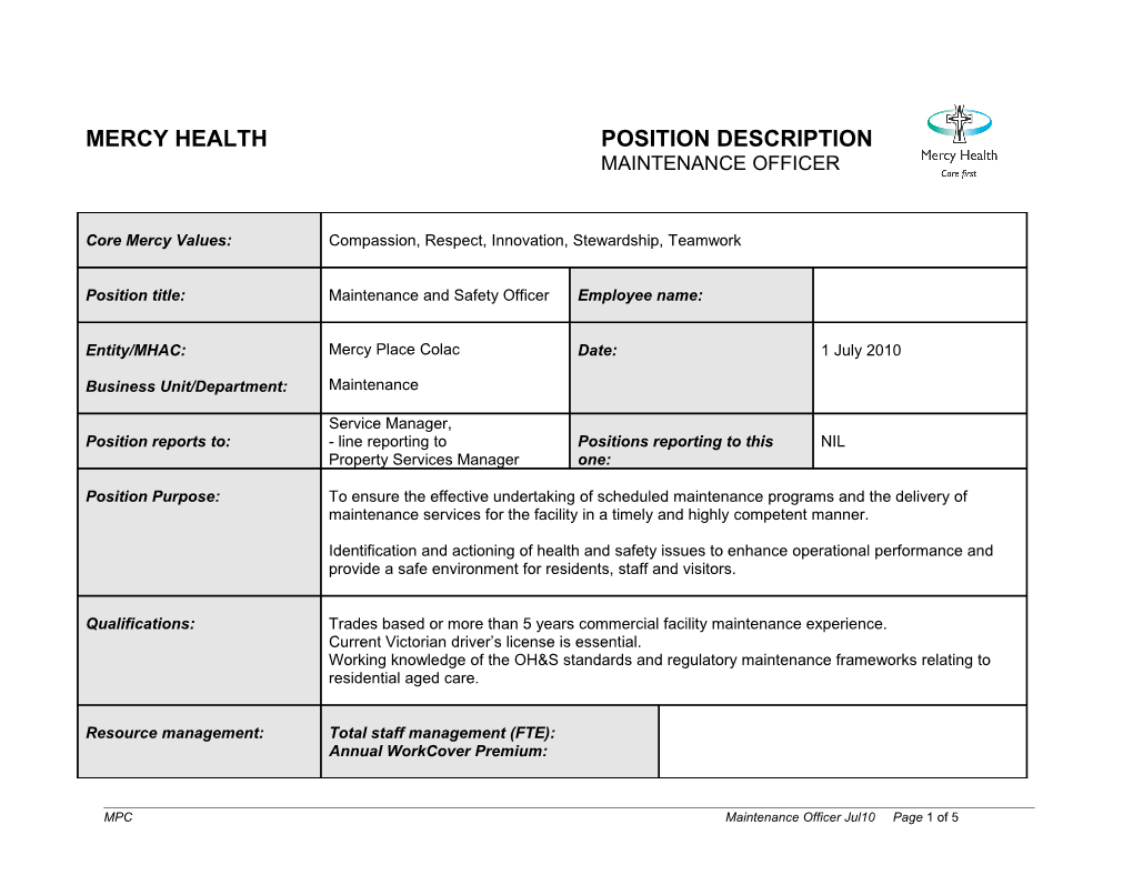 Position Description Maintenance Officer