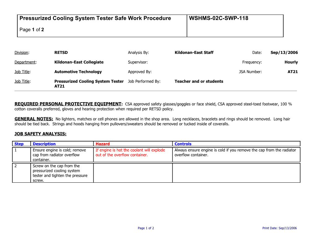 SWP-118 Pressurized Cooling System Tester Safe Work Procedure