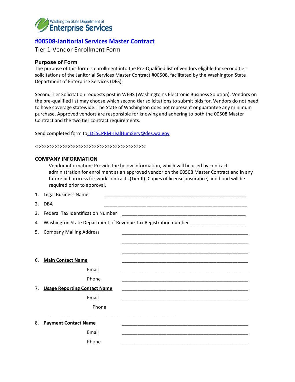 Janitorial Master Contract Vendor Enrollment Form