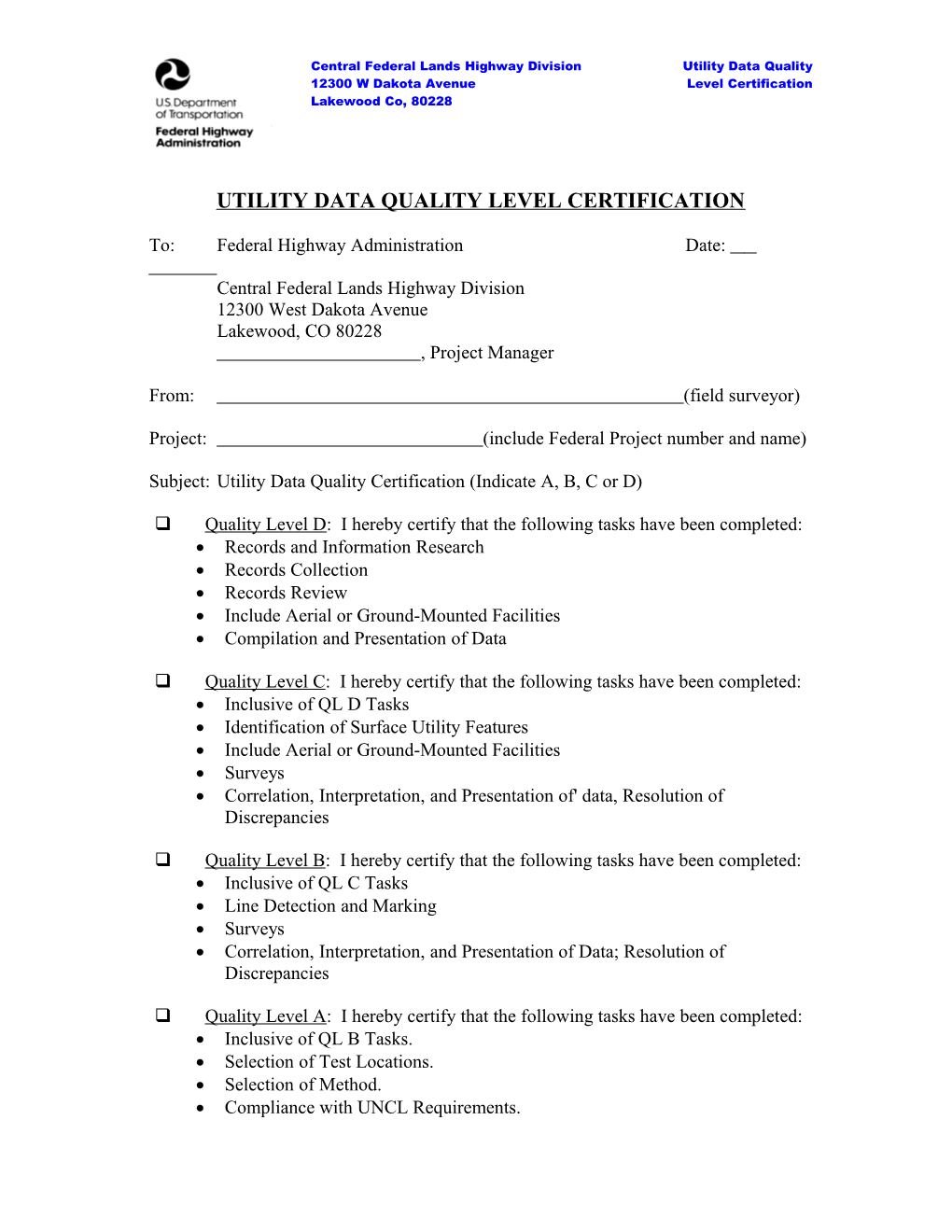 Utility Data Quality Level Certification