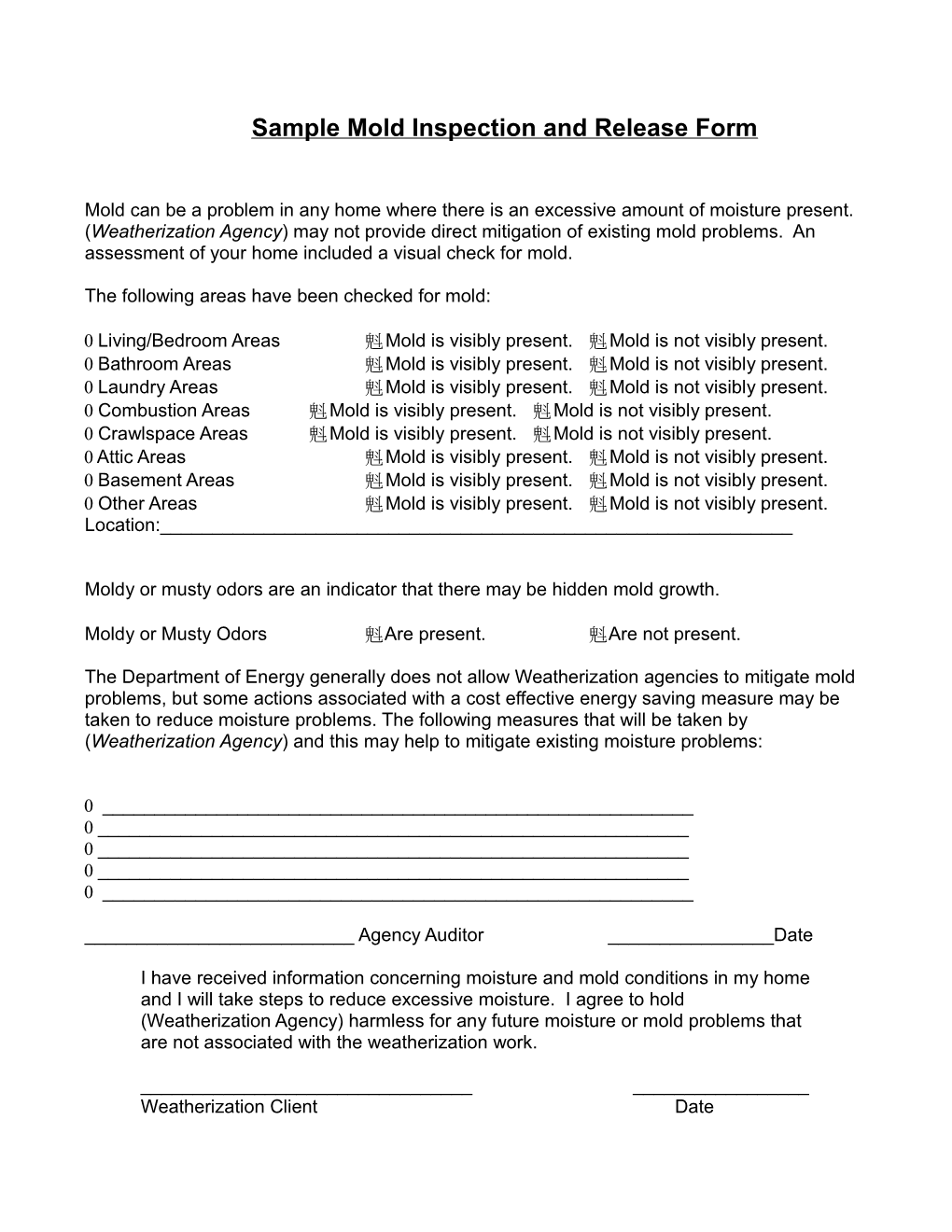 E$P Mold Inspection And Release Form