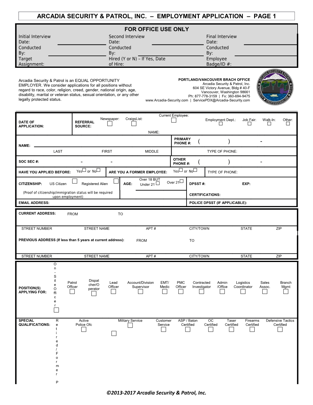 Arcadia Security & Patrol, Inc. Employment Application Page 1