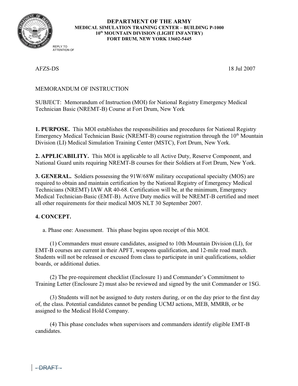 SUBJECT: Memorandum of Instruction (MOI) for National Registry Emergency Medical Technician