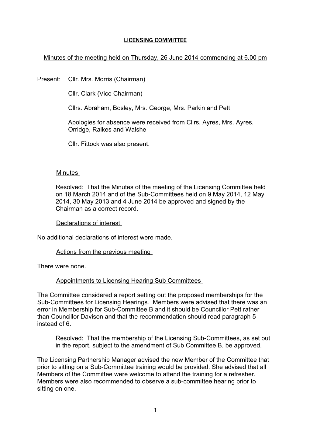 Licensing Committee - Thursday, 26 June 2014