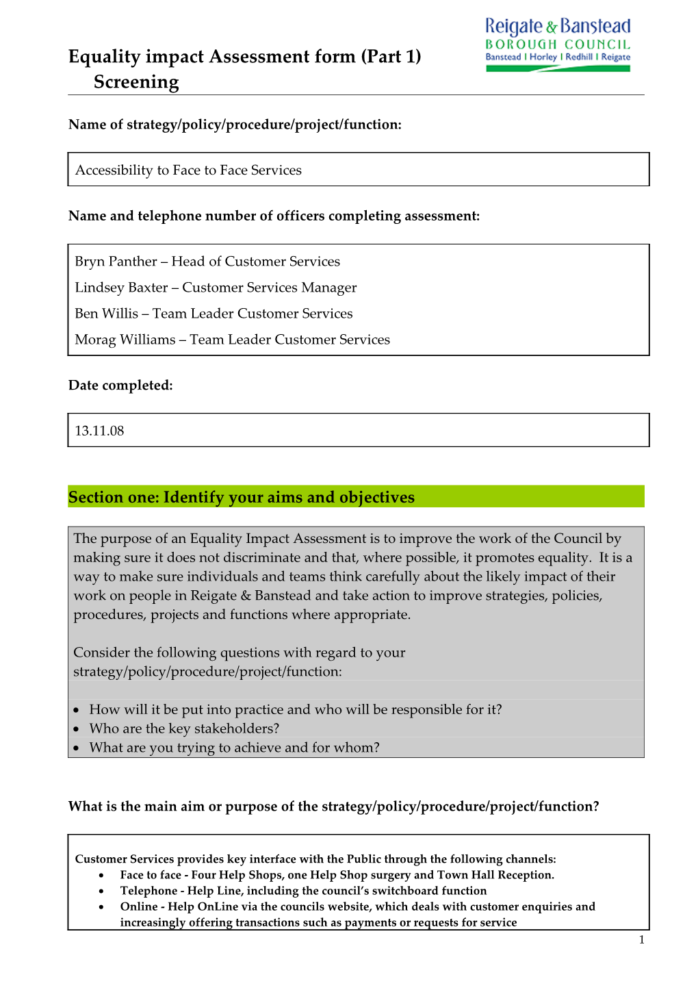 Equality Impact Assessment Form (Part 1) s1