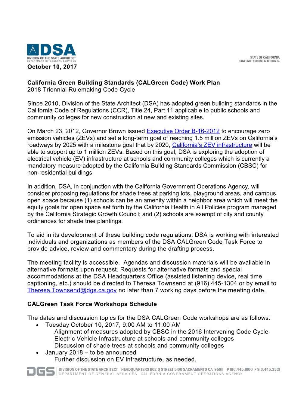 California Green Building Standards (Calgreen Code) Work Plan