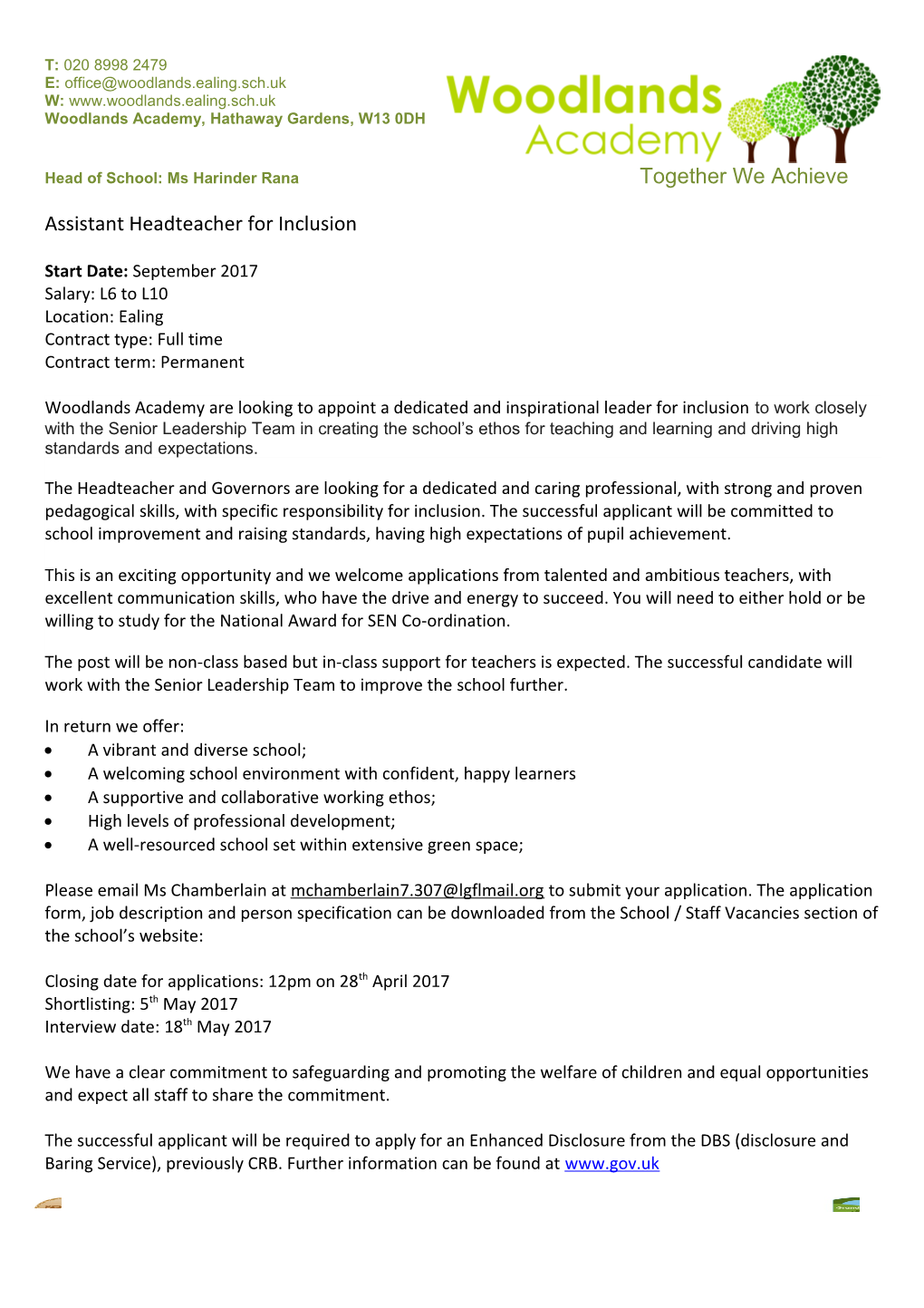 Assistant Headteacher for Inclusion
