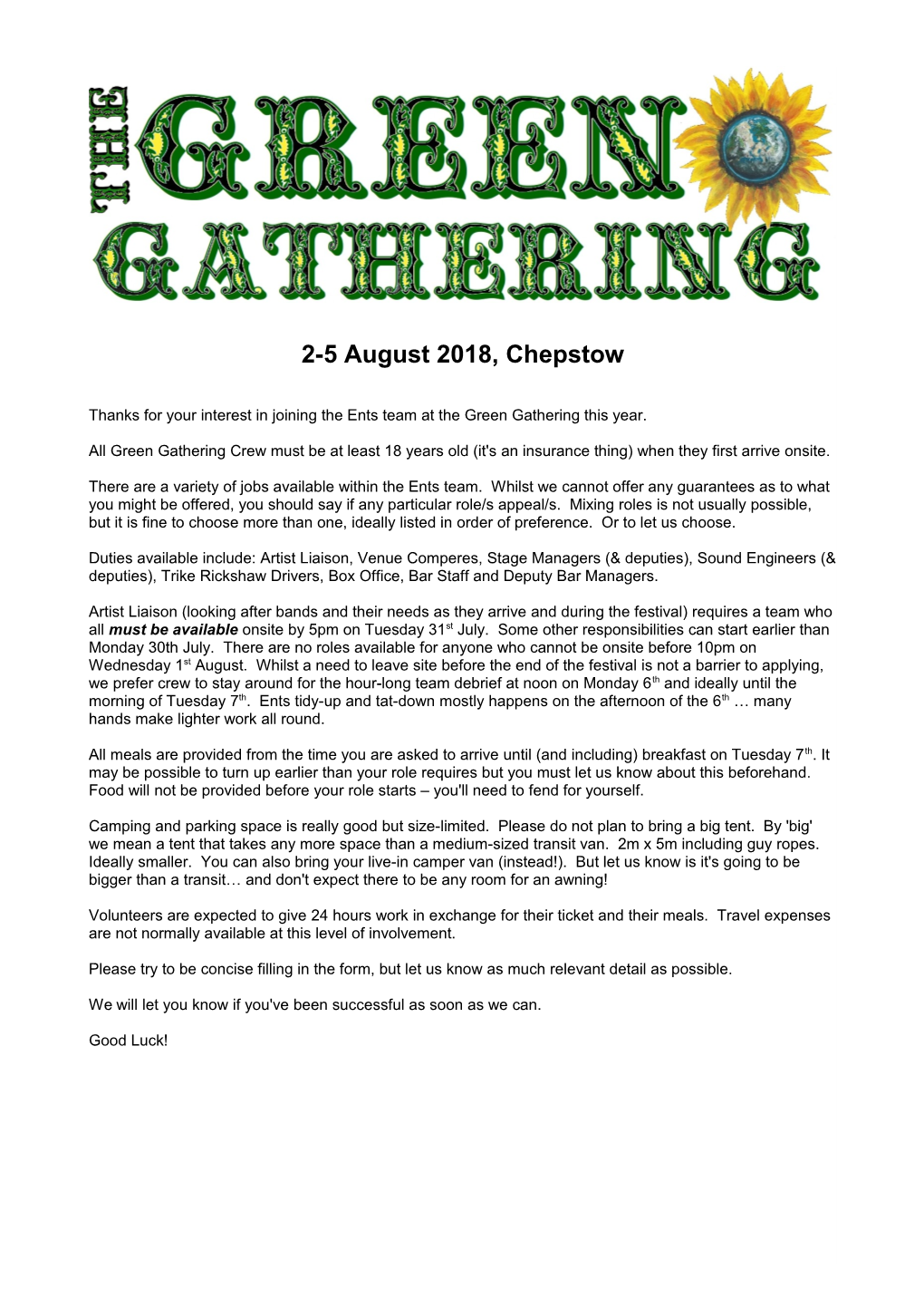 Thanks for Your Interest in Joining the Ents Team at the Green Gathering This Year