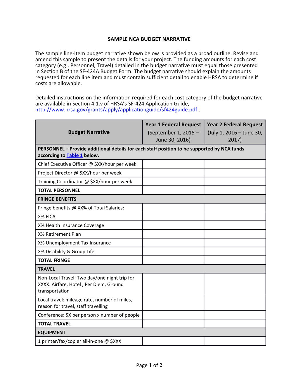 Sample NCA Budget Narrative