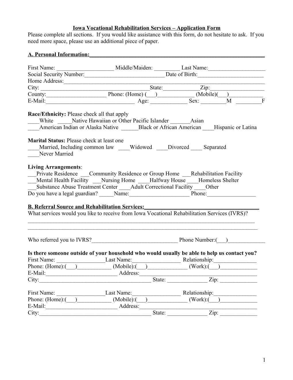 Iowa Vocational Rehabilitation Services Application Form