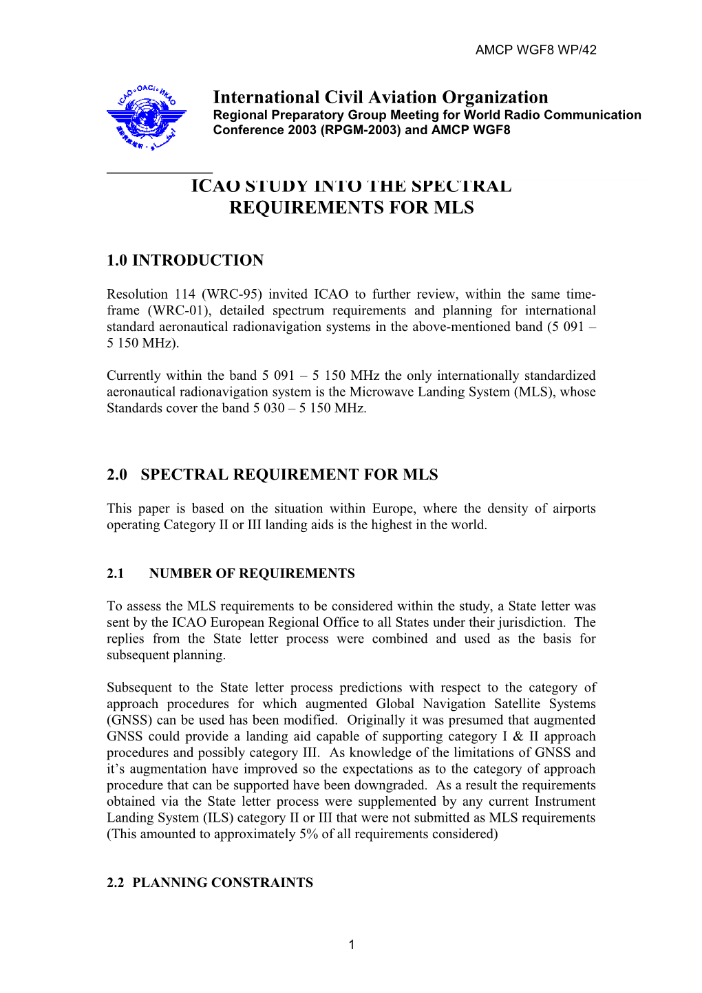 ICAO Study Into the Spectral Requirements for MLS