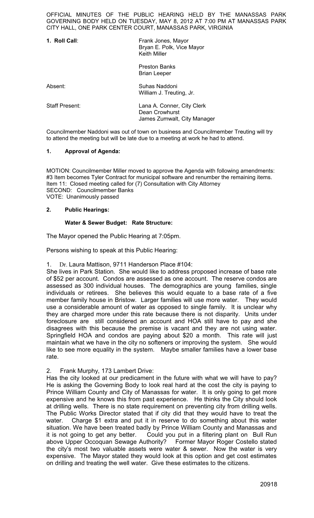 Official Minutes of the Manassas Park Governing Body Meeting Held on Tuesday May 8, 2007 s1