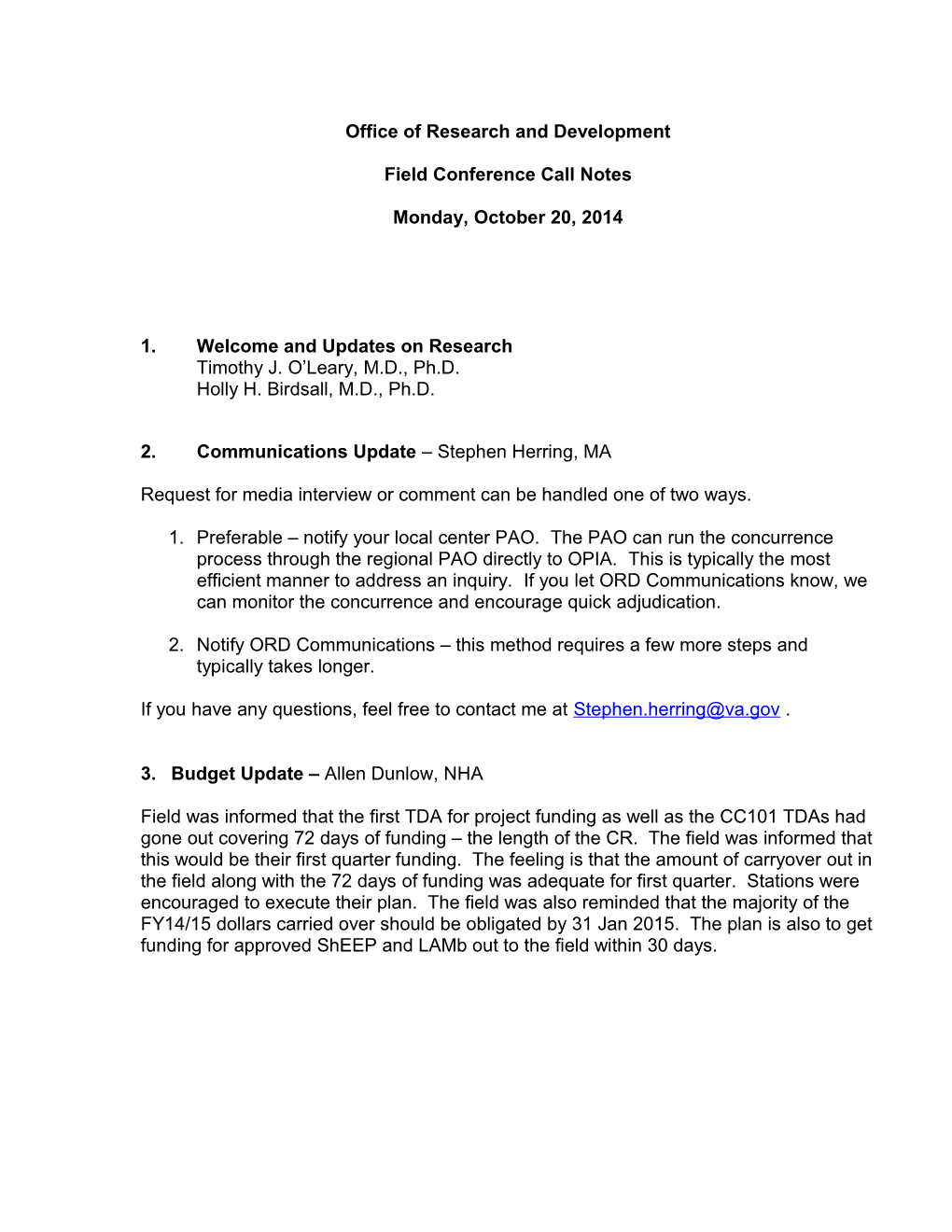 VA ORD Conference Call Notes, October 20, 2014