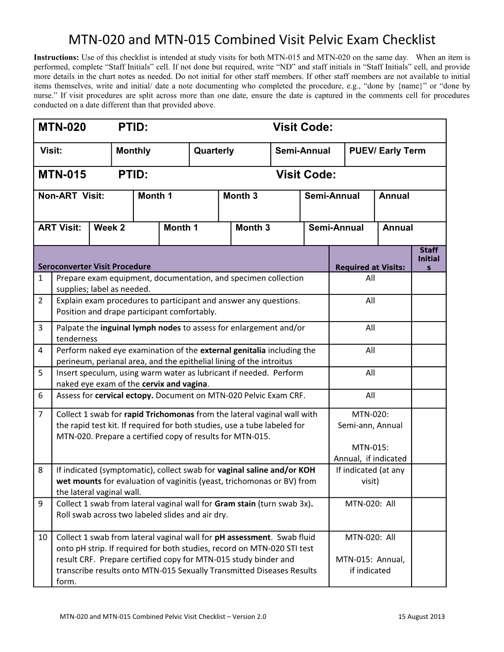 Instructions: Initiate Use of This Checklist at the Study Visit Following Confirmation