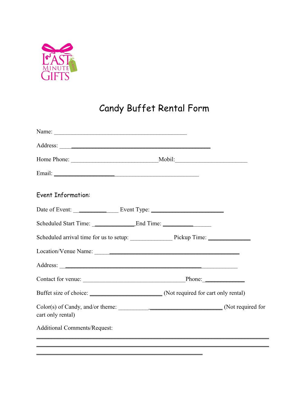 Candy Buffet Rental Form