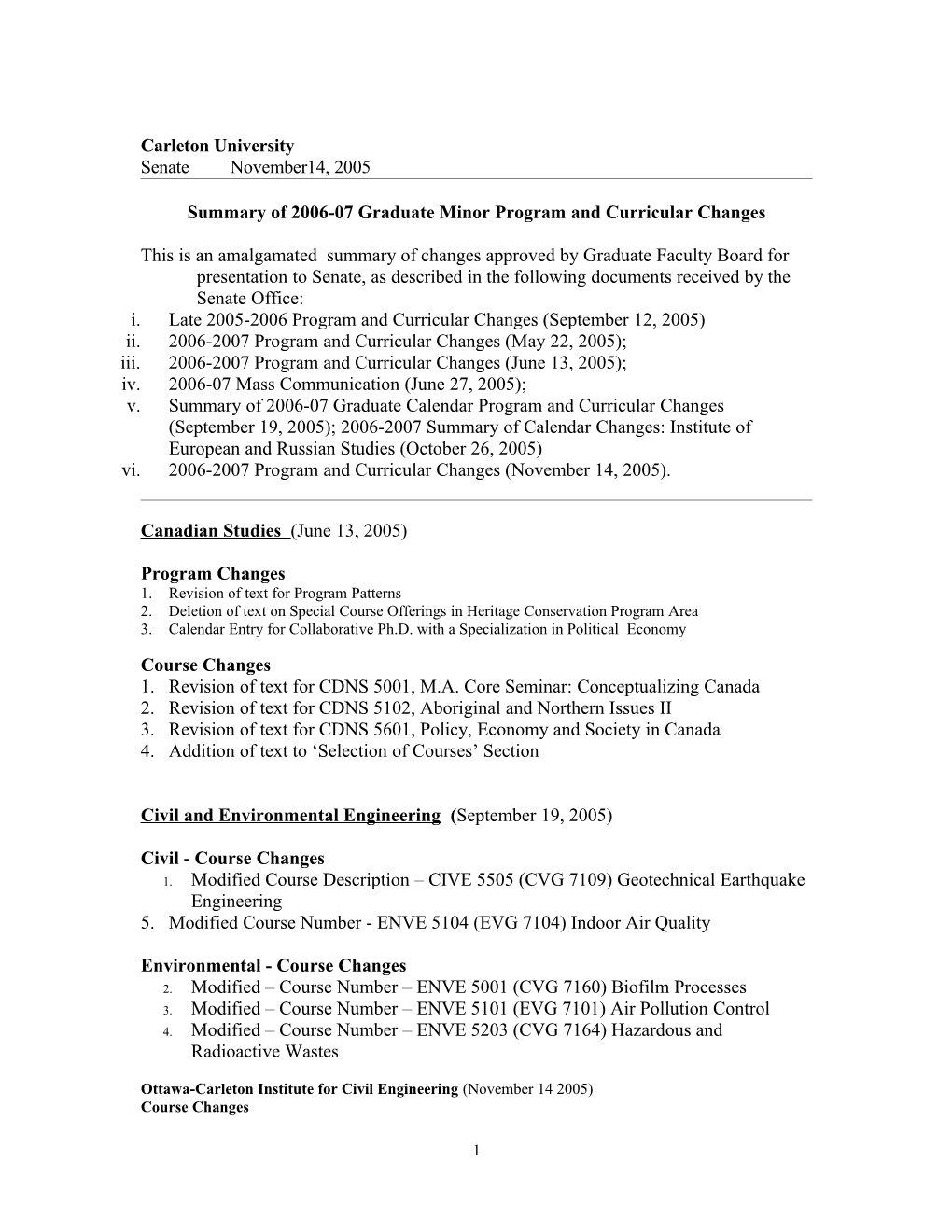 Summary of 2006-07 Graduate Minor Program and Curricular Changes