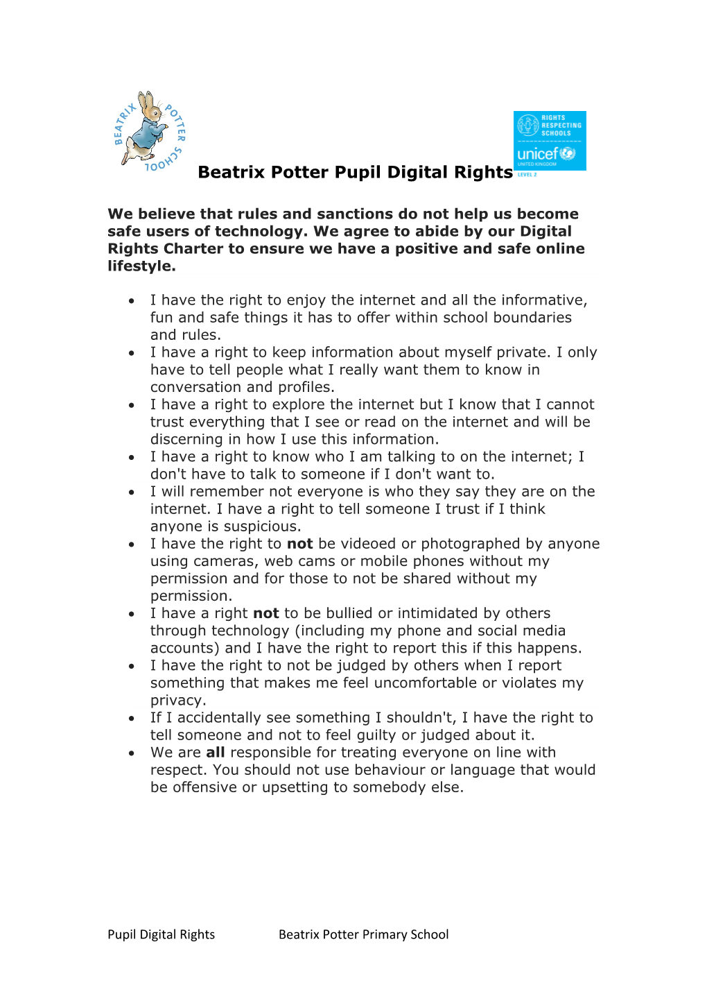 Beatrix Potter Pupil Digital Rights We Believe That Rules and Sanctions Do Not Help Us