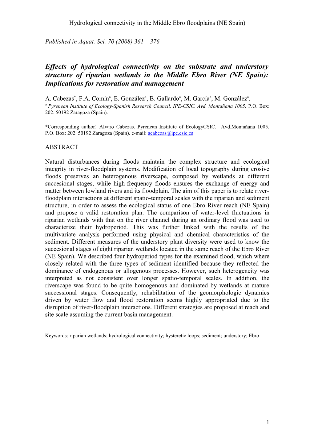 Hydrological Connectivity in the Middle Ebro Floodplains (NE Spain)