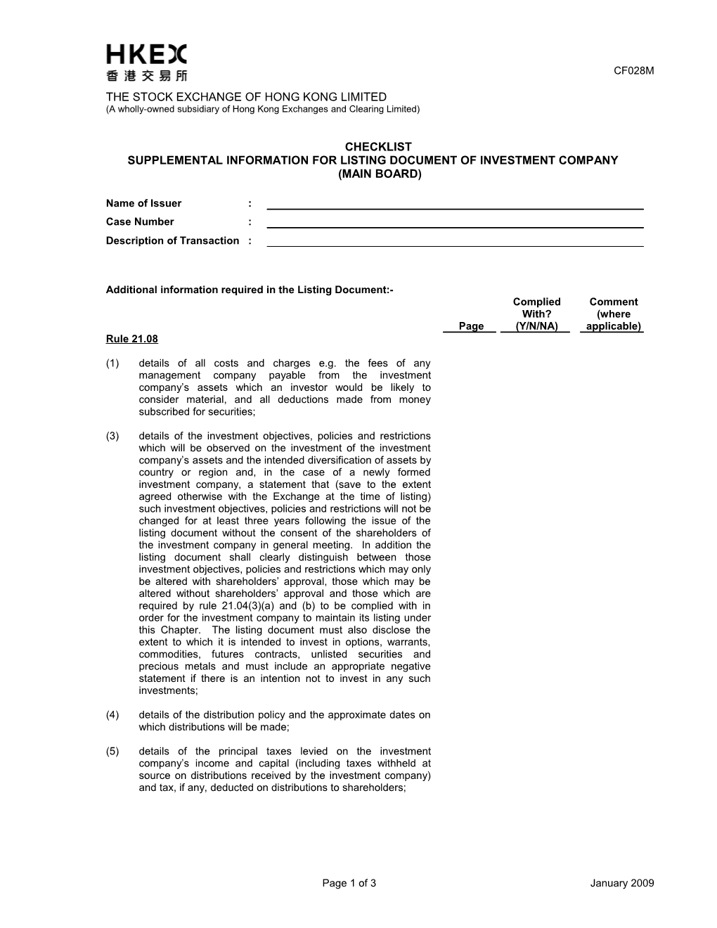 Checklist of Information to Be Included in Listing Document for Investment Companies Which