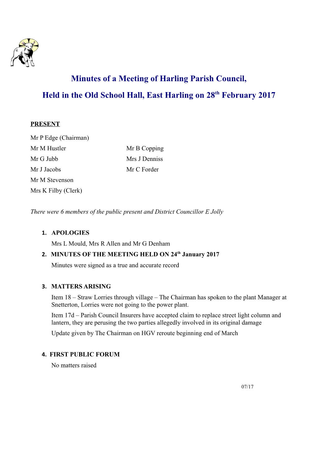 Minutes of a Meeting of Harling Parish Council