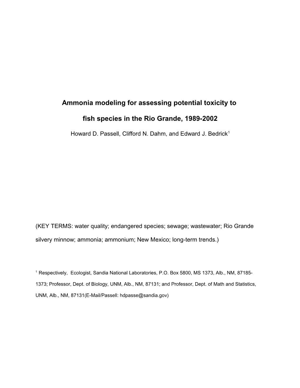 Ammonia Modeling for Assessing Potential Toxicity to Fish Species in the Rio Grande, 1989-2002