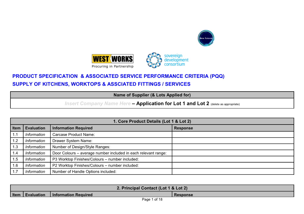 PRODUCT SPECIFICATION & ASSOCIATED SERVICE PERFORMANCE Criteria (PQQ)